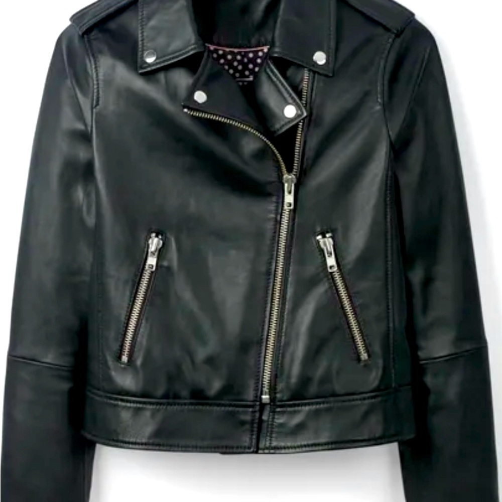 Boden Morleigh Jacket Black Leather EUC Biker Moto Zippers Cropped UK 10